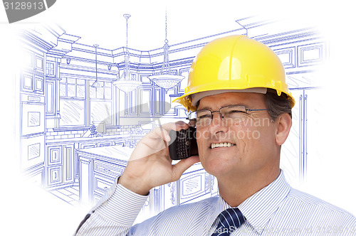Image of Contractor in Hardhat on Phone Over Custom Kitchen Drawing