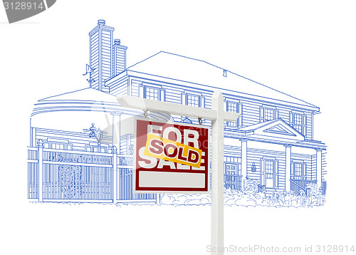 Image of Custom House and Sold Real Estate Sign Drawing on White