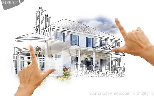 Image of Hands Framing House Drawing and Photo on White