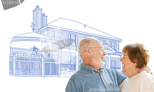 Image of Happy Senior Couple Over House Drawing on White