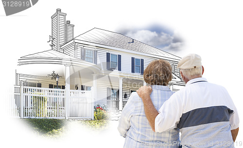 Image of Embracing Senior Couple Over House Drawing and Photo on White
