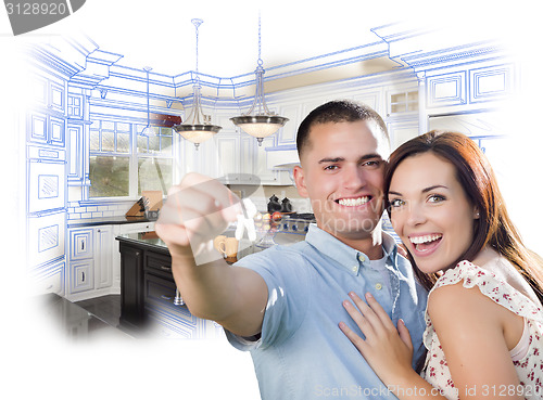 Image of Military Couple with House Keys Over Kitchen Drawing and Photo