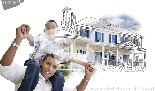 Image of Hispanic Father and Son Over House Drawing and Photo