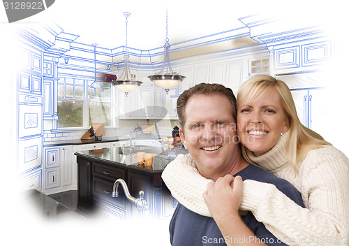 Image of Happy Couple Hugging with Custom Kitchen Drawing and Photo Behin