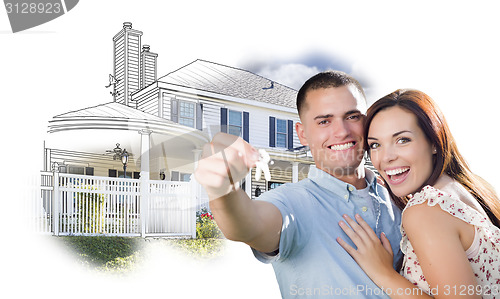 Image of Military Couple with Keys Over House Drawing and Photo