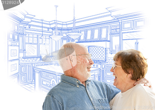 Image of Senior Couple Over Custom Kitchen Design Drawing on White