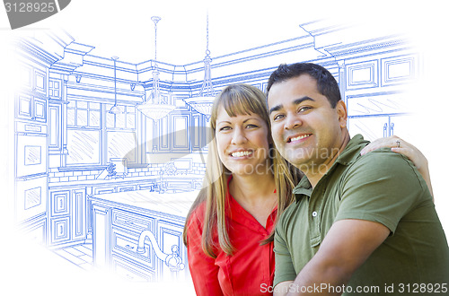 Image of Mixed Race Couple Over Kitchen Design Drawing on White