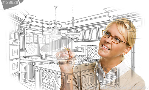 Image of Woman With Pencil Drawing Custom Kitchen Design