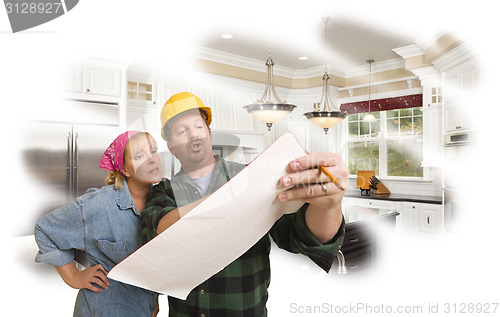 Image of Contractor Discussing Plans with Woman, Kitchen Photo Behind