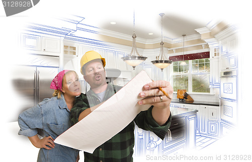 Image of Contractor Discussing Plans with Woman, Kitchen Drawing Photo Be