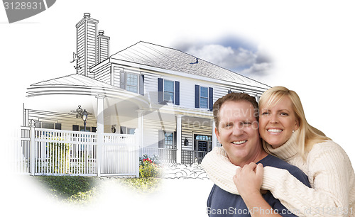 Image of Hugging Couple Over House Drawing and Photo on White