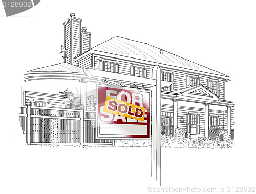 Image of Custom House and Sold Real Estate Sign Drawing on White
