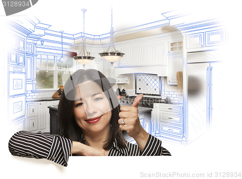 Image of Hispanic Woman with Thumbs Up, Kitchen Drawing and Photo Behind