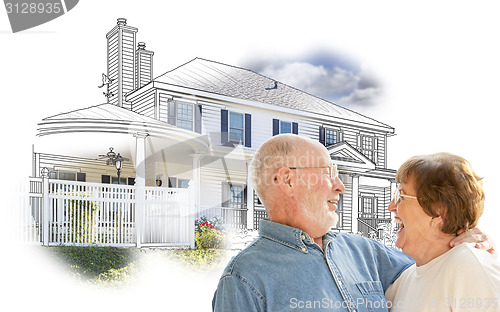 Image of Happy Senior Couple Over House Drawing and Photo on White