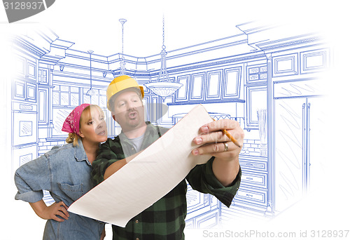 Image of Contractor Discussing Plans with Woman, Kitchen Drawing Behind