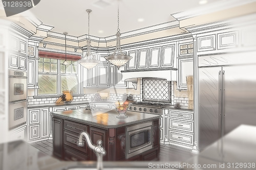 Image of Beautiful Custom Kitchen Design Drawing with Ghosted Photo Behin