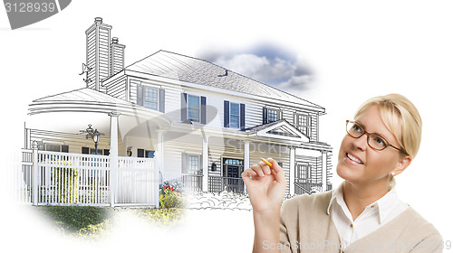 Image of Woman with Pencil Over House Drawing and Photo on White