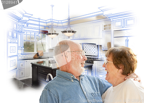 Image of Senior Couple Over Kitchen Design Drawing and Photo on White