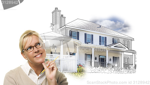 Image of Woman with Pencil Over House Drawing and Photo on White