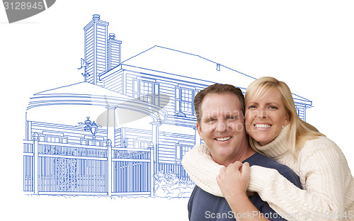 Image of Hugging Couple Over House Drawing on White