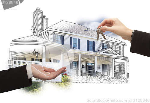 Image of Handing Over Keys On House Drawing and Photo on White