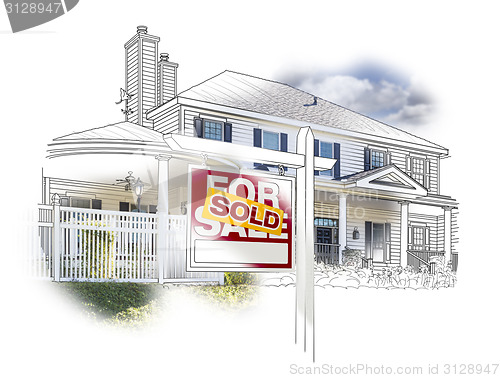 Image of House and Sold Sign Drawing and Photo on White