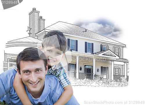 Image of Father and Son Over House Drawing and Photo on White