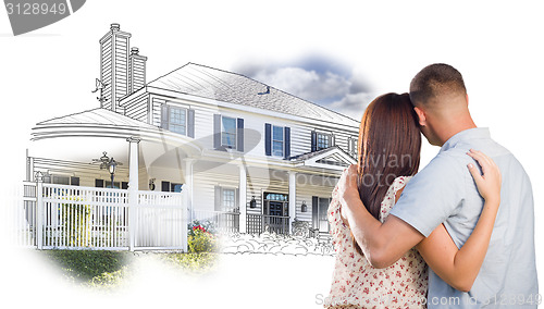 Image of Military Couple Looking At House Drawing and Photo on White