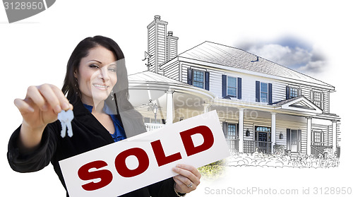 Image of Woman, Keys, Sold Sign Over House Drawing and Photo on White