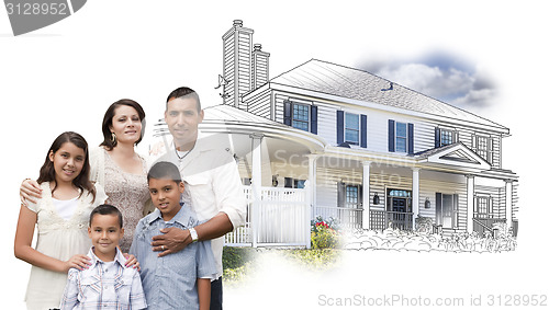 Image of Young Hispanic Family Over House Drawing and Photo on White