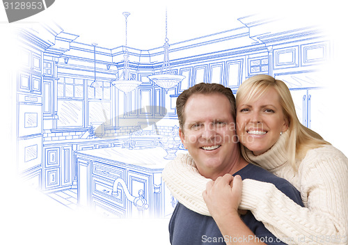 Image of Happy Couple Hugging with Custom Kitchen Drawing Behind