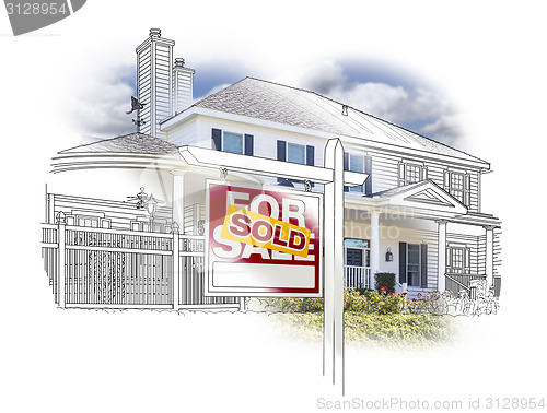 Image of House and Sold Sign Drawing and Photo on White