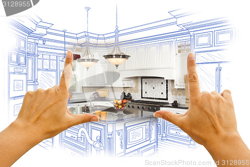 Image of Hands Framing Custom Kitchen Design Drawing and Photo Combinatio