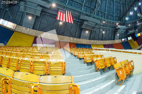 Image of stadium seating taken with fisheye lense