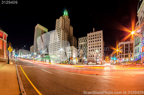 Image of skyline of providence rhode island skyline through a fisheye len