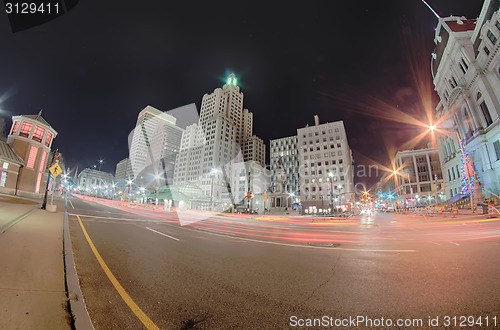 Image of skyline of providence rhode island skyline through a fisheye len