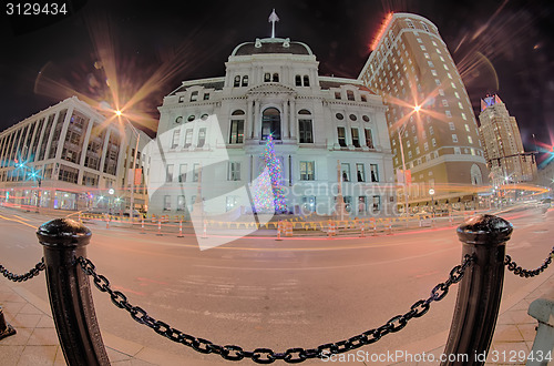 Image of skyline of providence rhode island skyline through a fisheye len