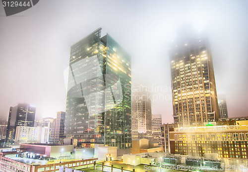 Image of charlotte city skyline night scene in fog