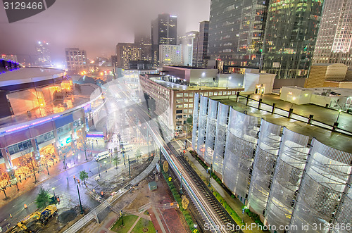 Image of charlotte city skyline night scene in fog