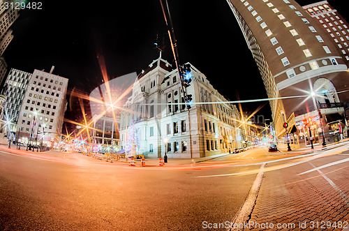 Image of skyline of providence rhode island skyline through a fisheye len