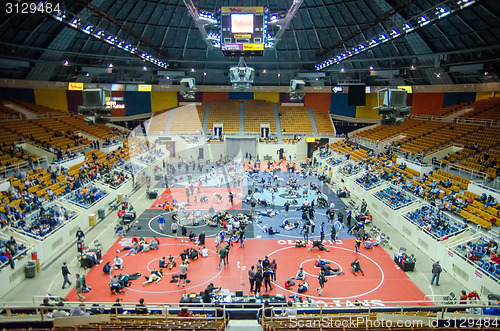 Image of general view of an enclosed arena stadium with asport event