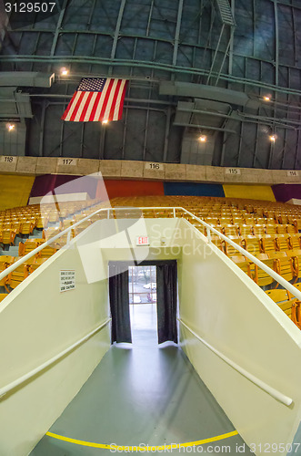 Image of stadium seating taken with fisheye lense