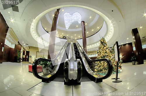 Image of modern interior of a luxury hotel with escalators