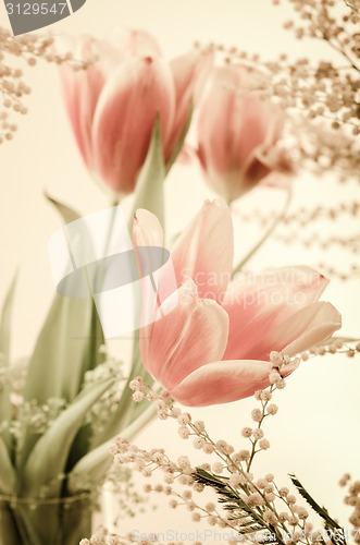 Image of Spring bouquet with a mimosa and tulips. Toning