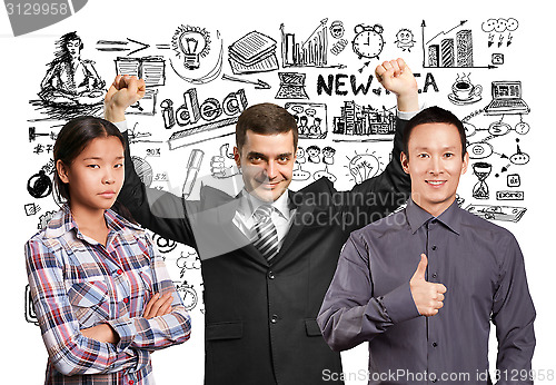 Image of Asian team and businessman with hands up