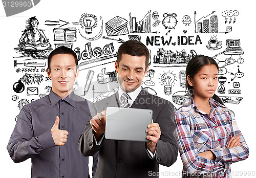Image of Asian team and Businessman With Touch Pad
