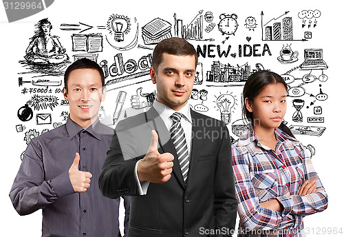 Image of Asian team and lamp head business people with laptops
