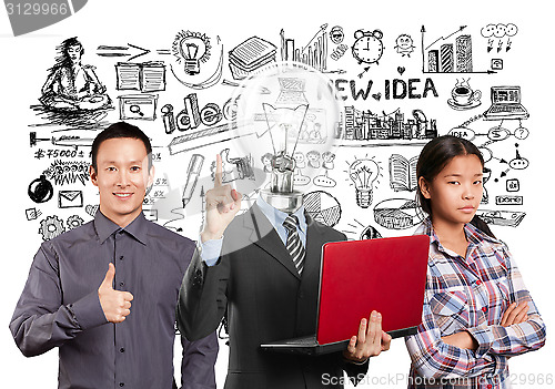 Image of Asian team and Lamp Head Man And Business Team 