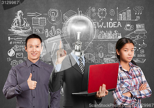 Image of Asian team and Lamp Head Man And Business Team 