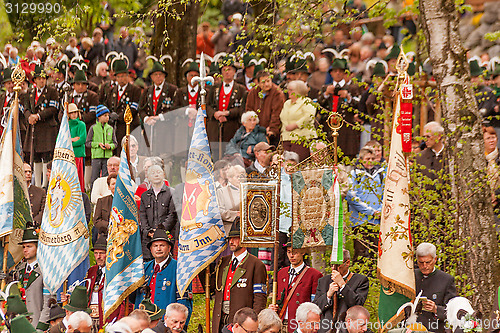 Image of Miesbach / Germany / Bavaria - 05.May: Flags secondment at the service of Mountain protect